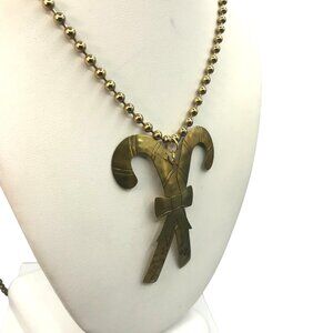 Retired Jeep Collins Hammered Brass Candy Cane Pendant Necklace, Designer Signed